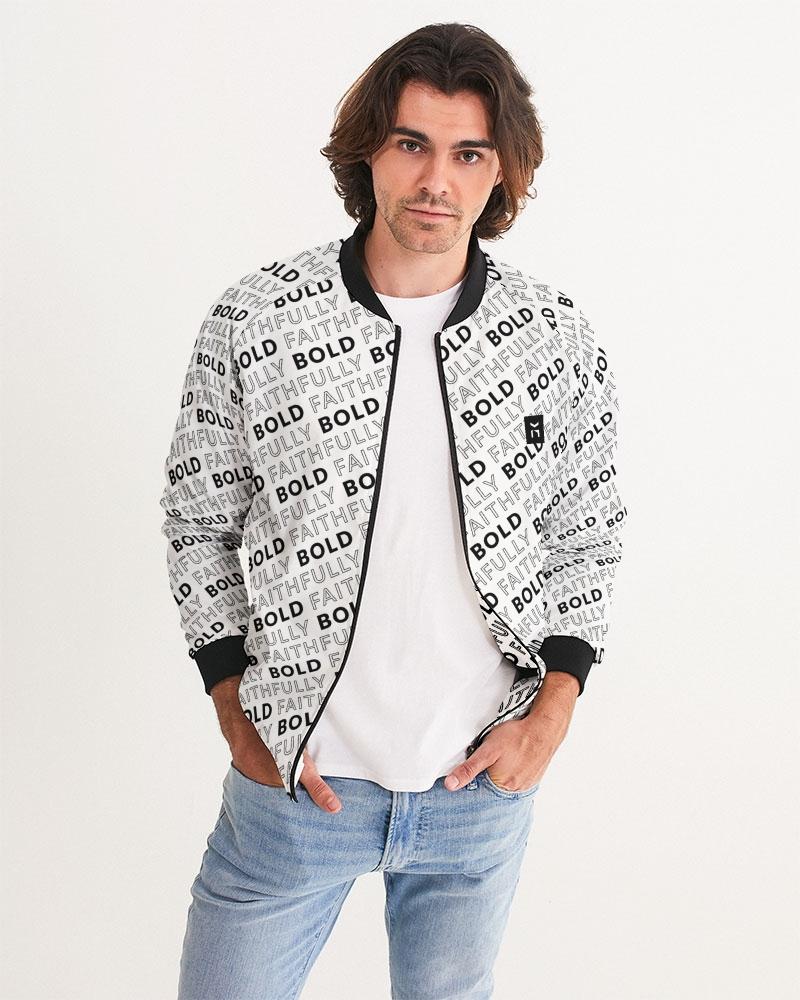 Faithfully-Bold-Pattern_White-v2a Men's Bomber Jacket cloth Myrrh and Gold
