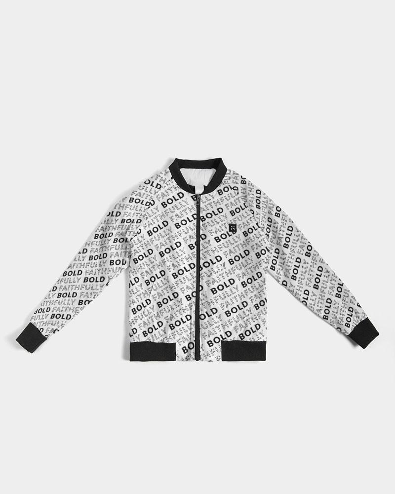Faithfully-Bold-Pattern_White-v2a Women's Bomber Jacket cloth Myrrh and Gold