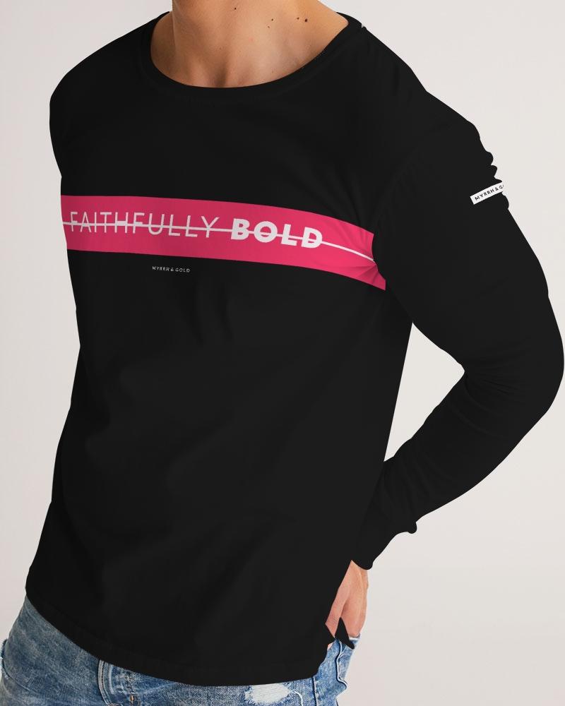 Faithfully Bold Strikethrough Men's Long Sleeve Tee (Black/Radical Red) Long Sleeve T-Shirt Myrrh and Gold