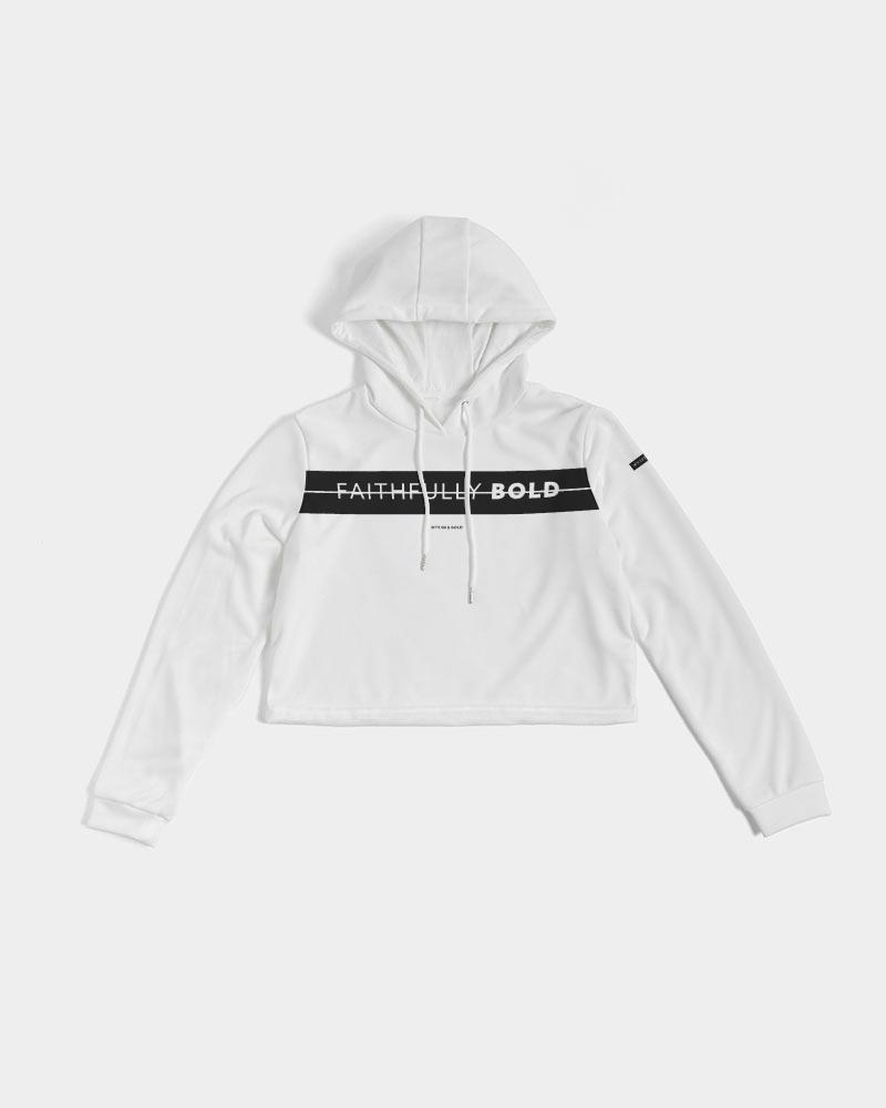 Faithfully Bold Strikethrough Women's Cropped Hoodie (White/Black) Cropped Hoodie Myrrh and Gold