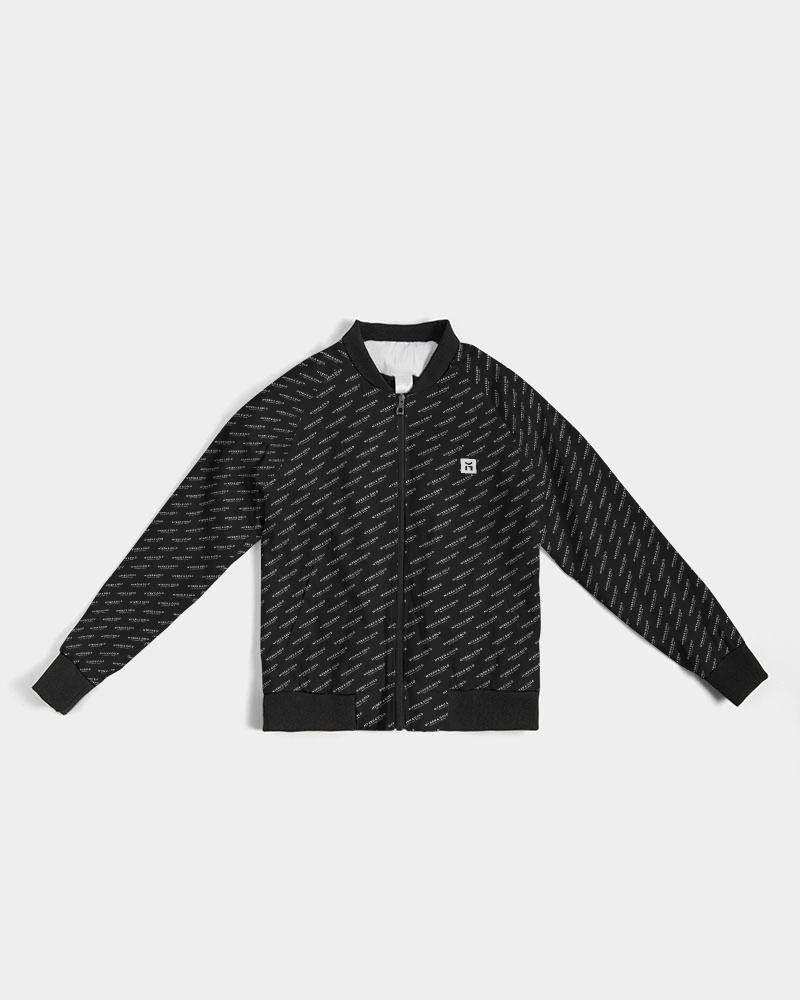M&G_w-tagline-Grid-Pattern---White-on-Black_Jacket Women's Bomber Jacket cloth Myrrh and Gold