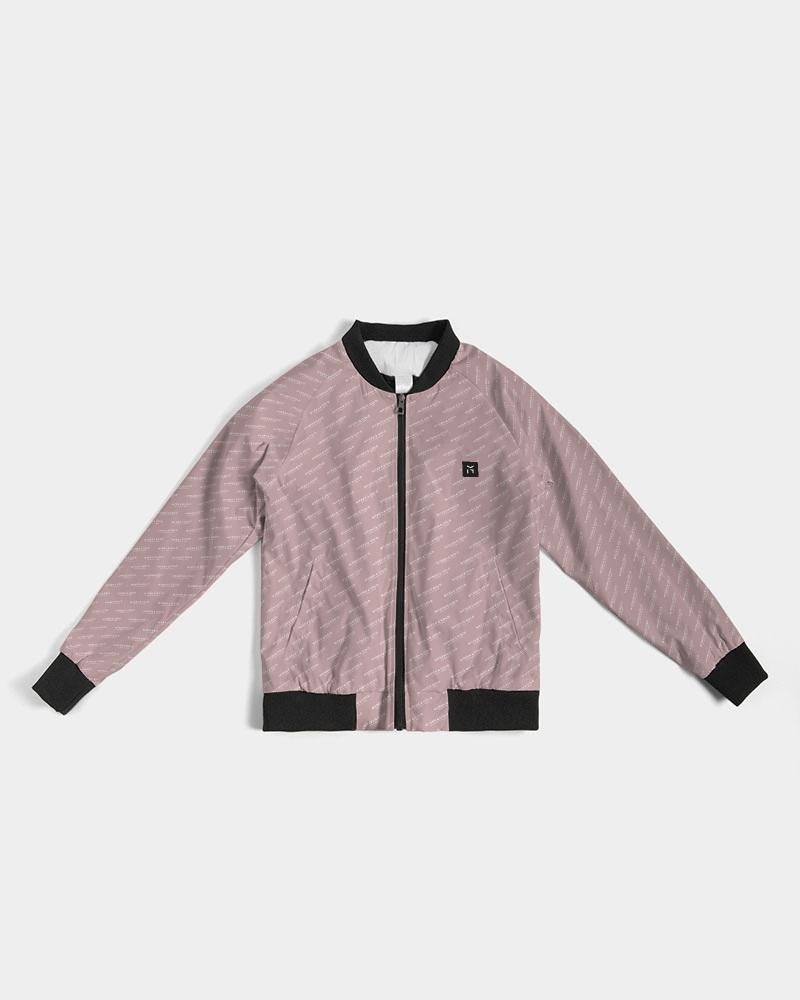 M&G_w-tagline-Grid-Pattern---White-on-Tuscany-Pink_Jacket Women's Bomber Jacket cloth Myrrh and Gold