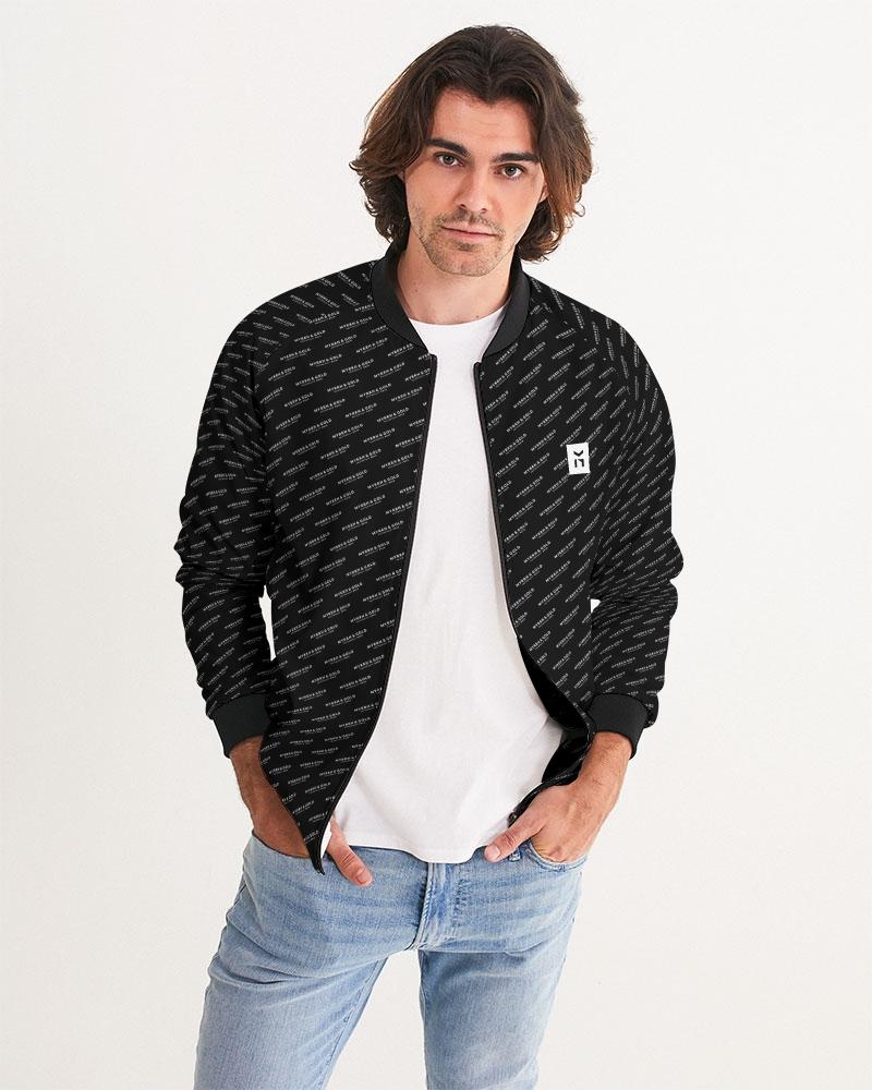 M&G_w-tagline-Grid-Pattern---White-on-Black_Jacket Men's Bomber Jacket cloth Myrrh and Gold