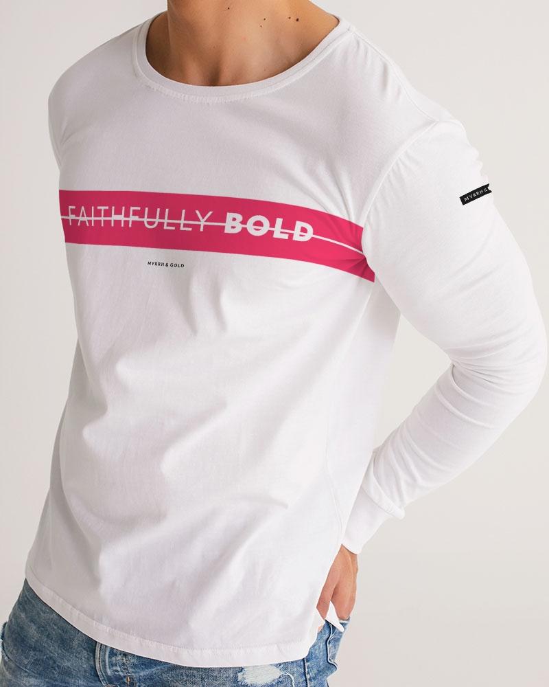 Faithfully Bold Strikethrough Men's Long Sleeve Tee (White/Tuscany Pink) Long Sleeve T-Shirt Myrrh and Gold 
