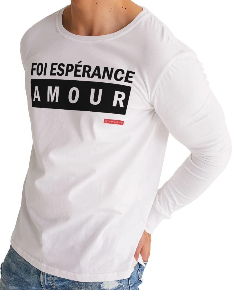 Foi Esperance Amour Men's Long Sleeve Tee (White) Long Sleeve T-Shirt Myrrh and Gold 